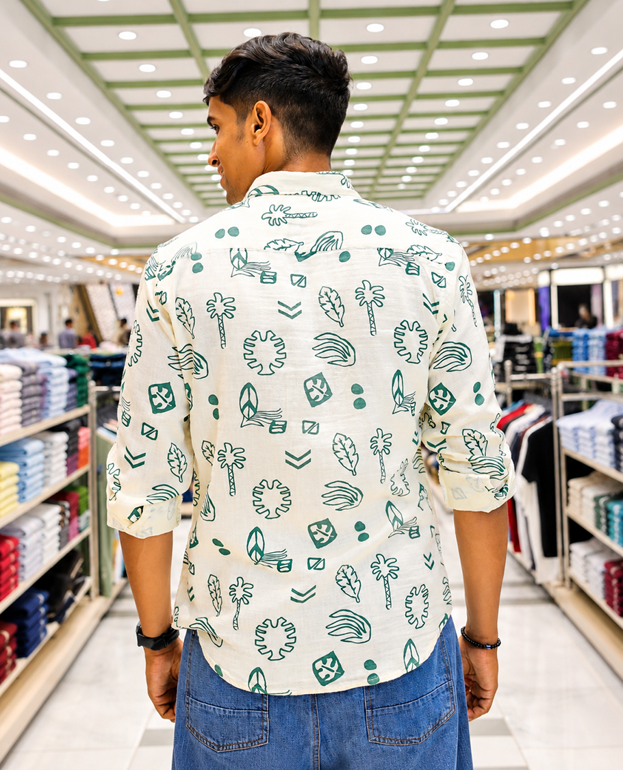 Cream-Green Cotton-Blended Casual Shirt, Uniquely Printed with Tropical Flora-Theme Motifs, Featuring a Spread Collar, Full Sleeves, Slim Fit, and Regular Length