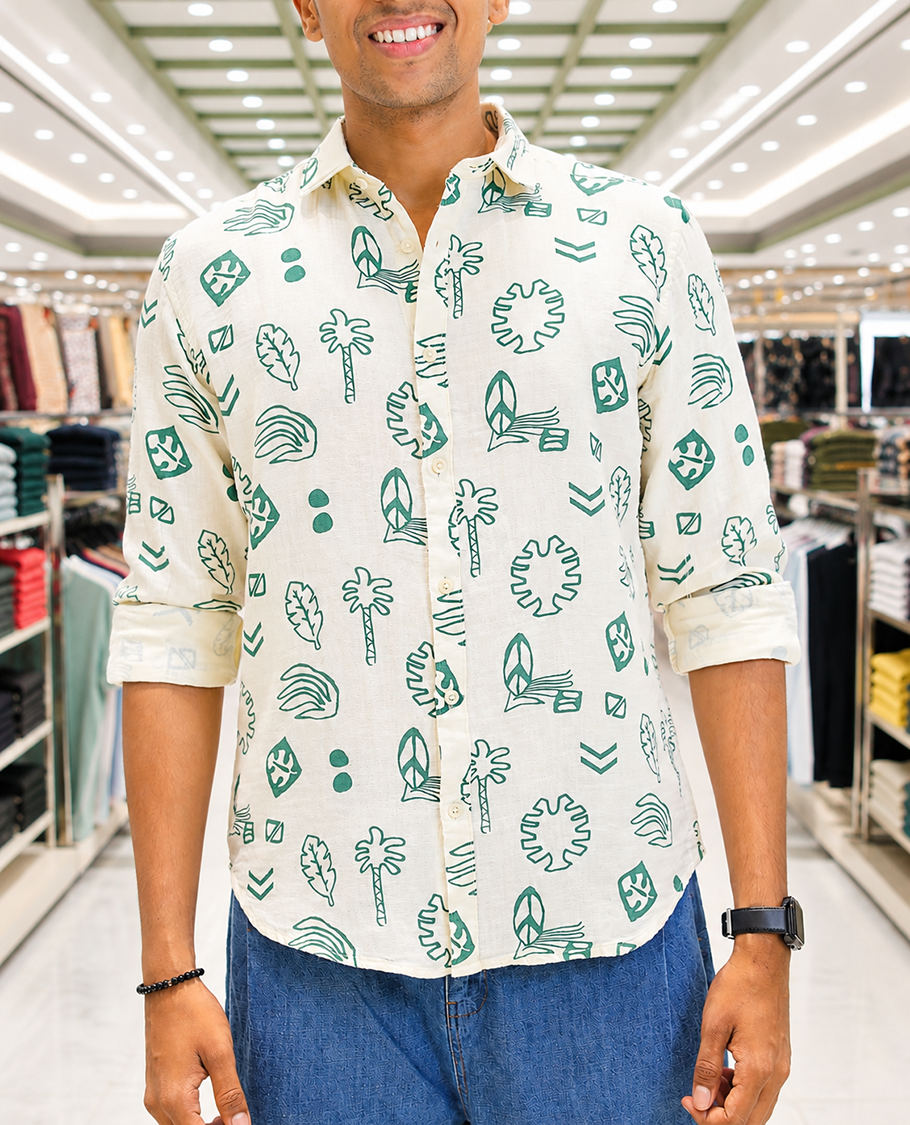 Cream-Green Cotton-Blended Casual Shirt, Uniquely Printed with Tropical Flora-Theme Motifs, Featuring a Spread Collar, Full Sleeves, Slim Fit, and Regular Length