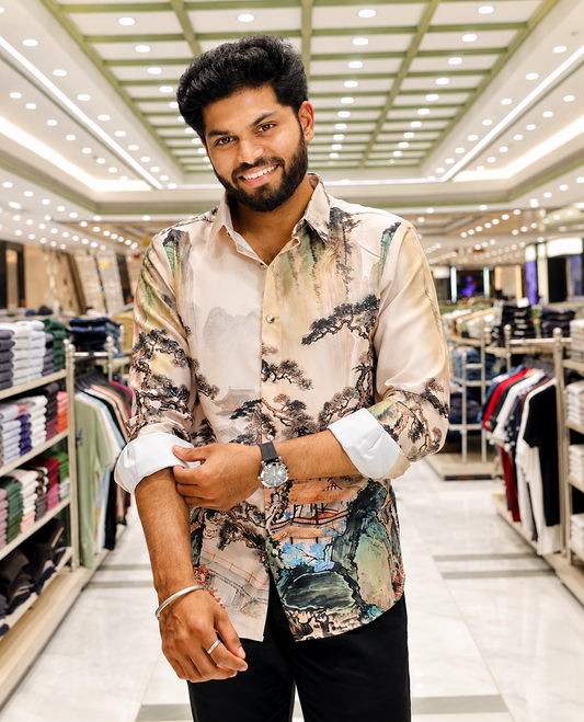 Cream Cotton-Blended Casual Shirt, Creatively Designed with a Forest-Themed Tree House Print, Featuring a Spread Collar, Full Sleeves, Slim Fit, and Regular Length