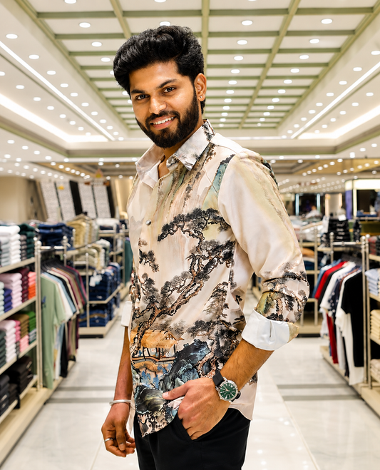 Cream Cotton-Blended Casual Shirt, Creatively Designed with a Forest-Themed Tree House Print, Featuring a Spread Collar, Full Sleeves, Slim Fit, and Regular Length