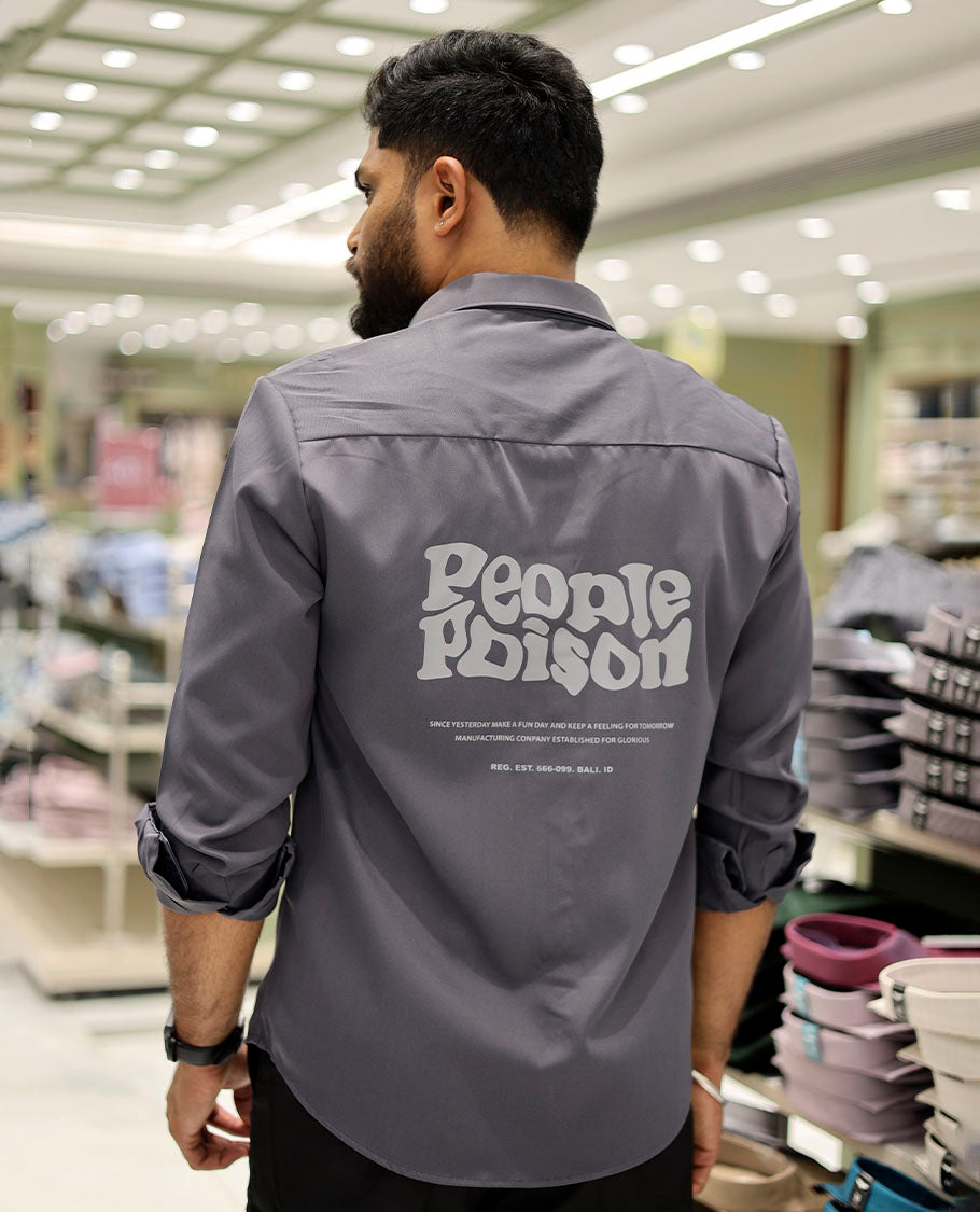 Grey Cotton-Blended Casual Shirt Features Typographic Print, Full-Sleeves, a Spread Collar, a Regular Fit, and a Regular Length