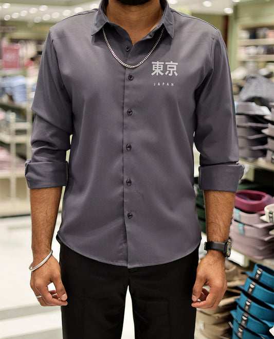 Grey Cotton-Blended Casual Shirt Features Typographic Print, Full-Sleeves, a Spread Collar, a Regular Fit, and a Regular Length