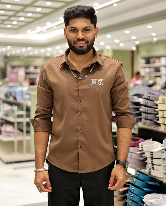 Khaki Cotton-Blended Casual Shirt Features Typographic Print, Full-Sleeves, a Spread Collar, a Regular Fit, and a Regular Length