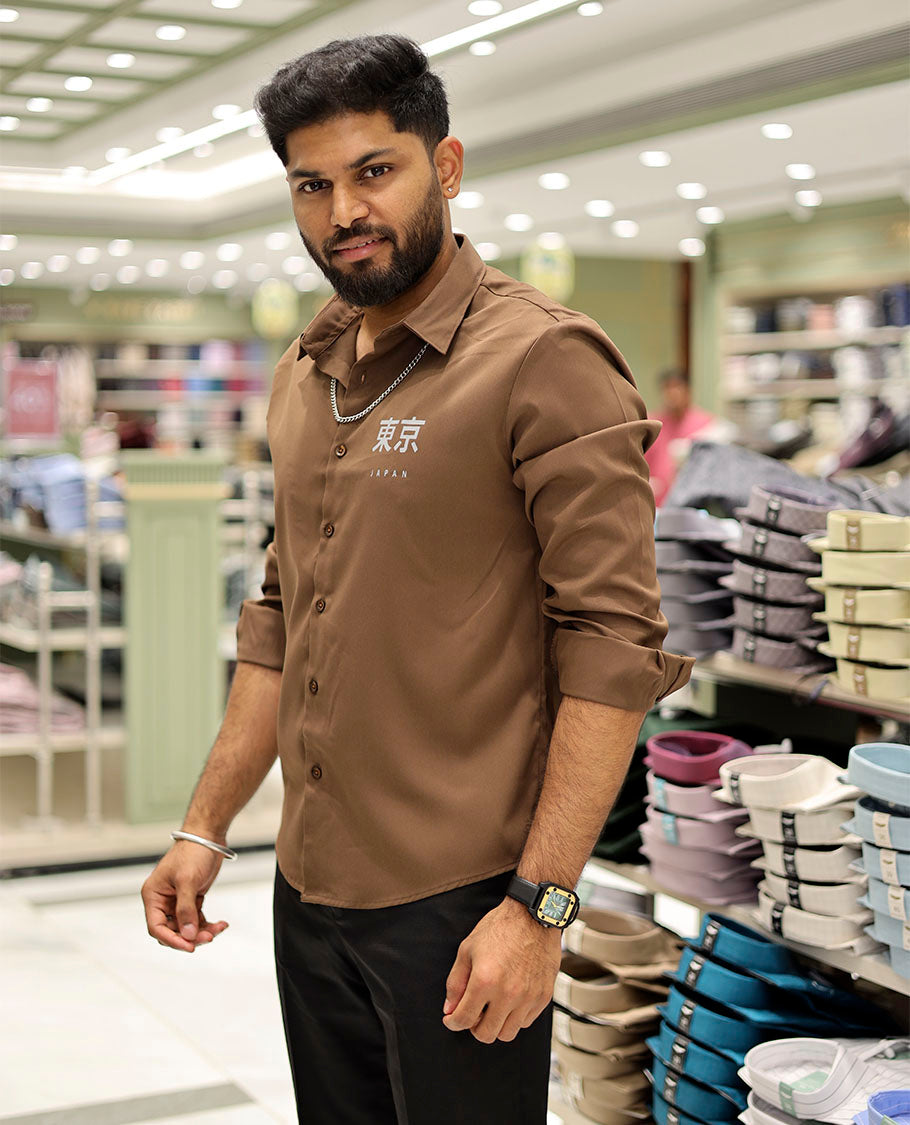Khaki Cotton-Blended Casual Shirt Features Typographic Print, Full-Sleeves, a Spread Collar, a Regular Fit, and a Regular Length