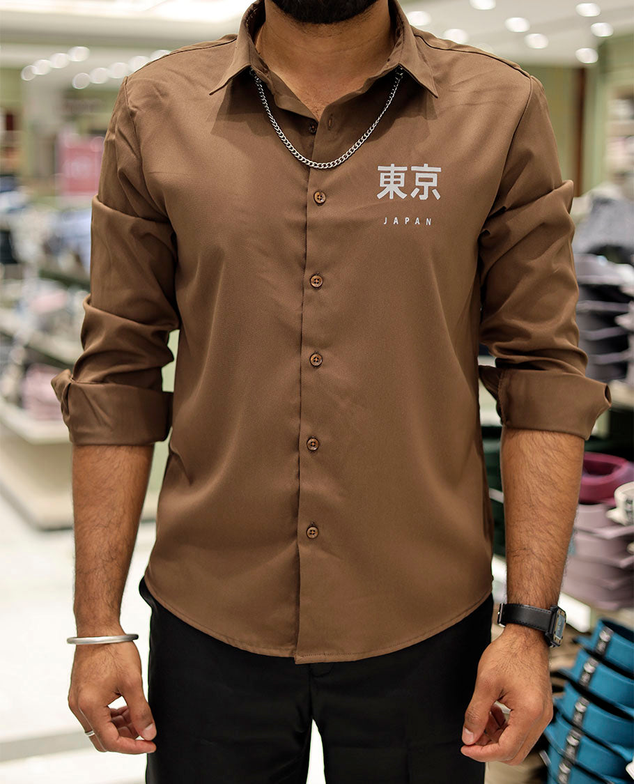 Khaki Cotton-Blended Casual Shirt Features Typographic Print, Full-Sleeves, a Spread Collar, a Regular Fit, and a Regular Length