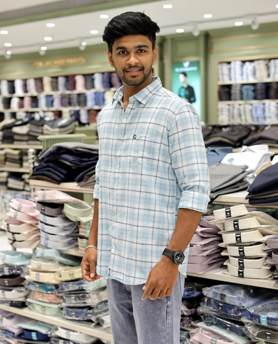 Blue Cotton-Linen-Blended Casual Shirt Comes with Checks, Full Sleeves, a Spread Collar, a Slim Fit, and a Regular Length