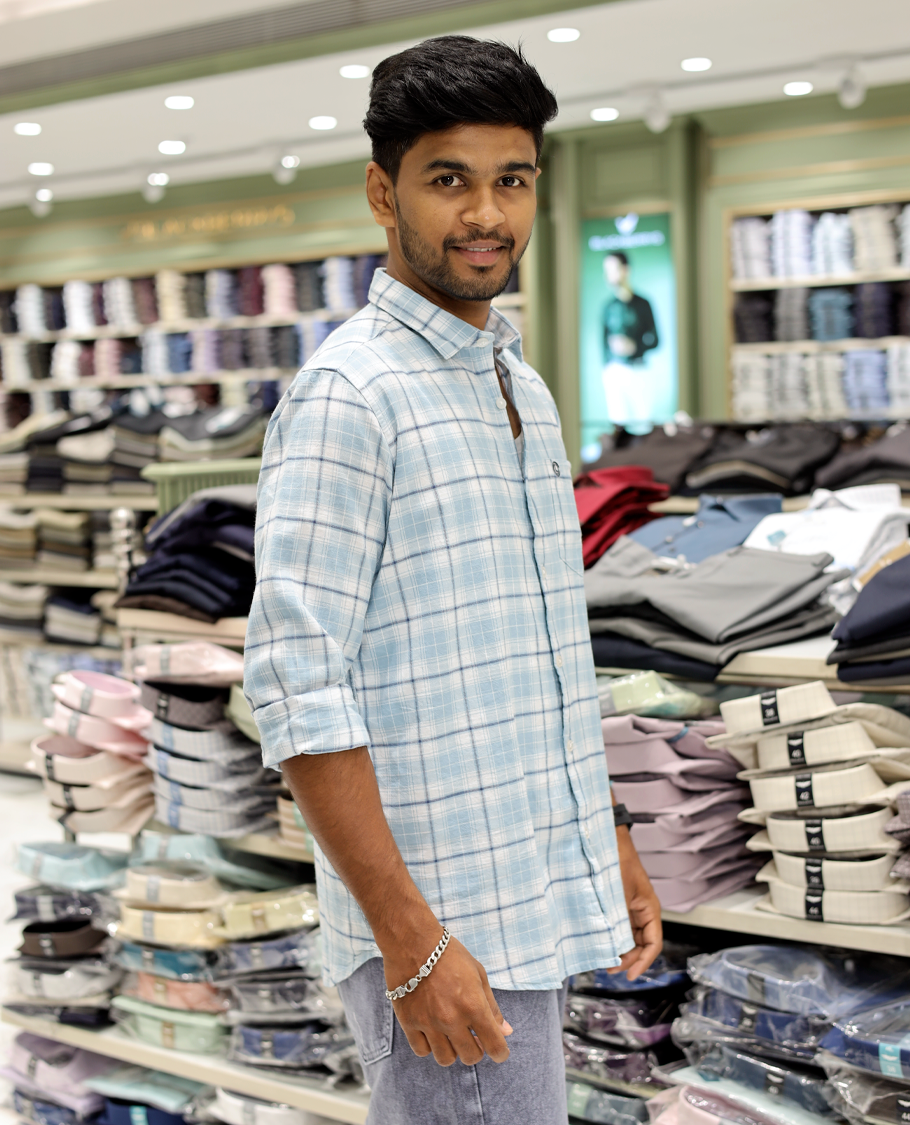 Blue Cotton-Linen-Blended Casual Shirt Comes with Checks, Full Sleeves, a Spread Collar, a Slim Fit, and a Regular Length