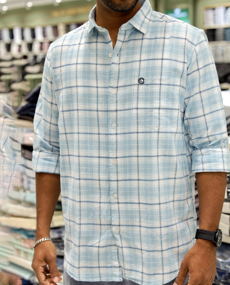 Blue Cotton-Linen-Blended Casual Shirt Comes with Checks, Full Sleeves, a Spread Collar, a Slim Fit, and a Regular Length