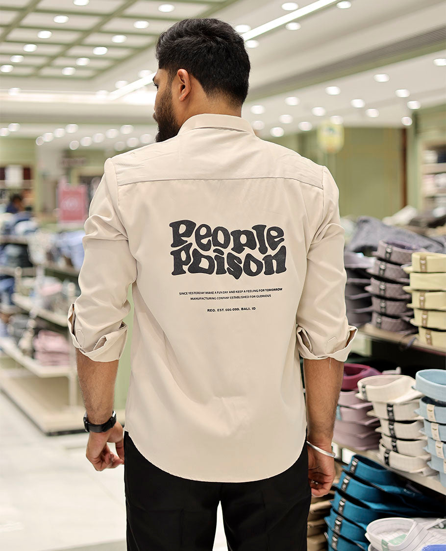 Cream Cotton-Blended Casual Shirt Features Typographic Print, Full-Sleeves, a Spread Collar, a Regular Fit, and a Regular Length