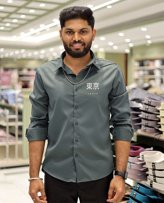 Green Cotton-Blended Casual Shirt Features Typographic Print, Full-Sleeves, a Spread Collar, a Regular Fit, and a Regular Length