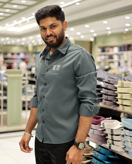 Green Cotton-Blended Casual Shirt Features Typographic Print, Full-Sleeves, a Spread Collar, a Regular Fit, and a Regular Length