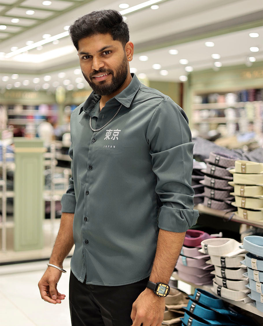 Green Cotton-Blended Casual Shirt Features Typographic Print, Full-Sleeves, a Spread Collar, a Regular Fit, and a Regular Length
