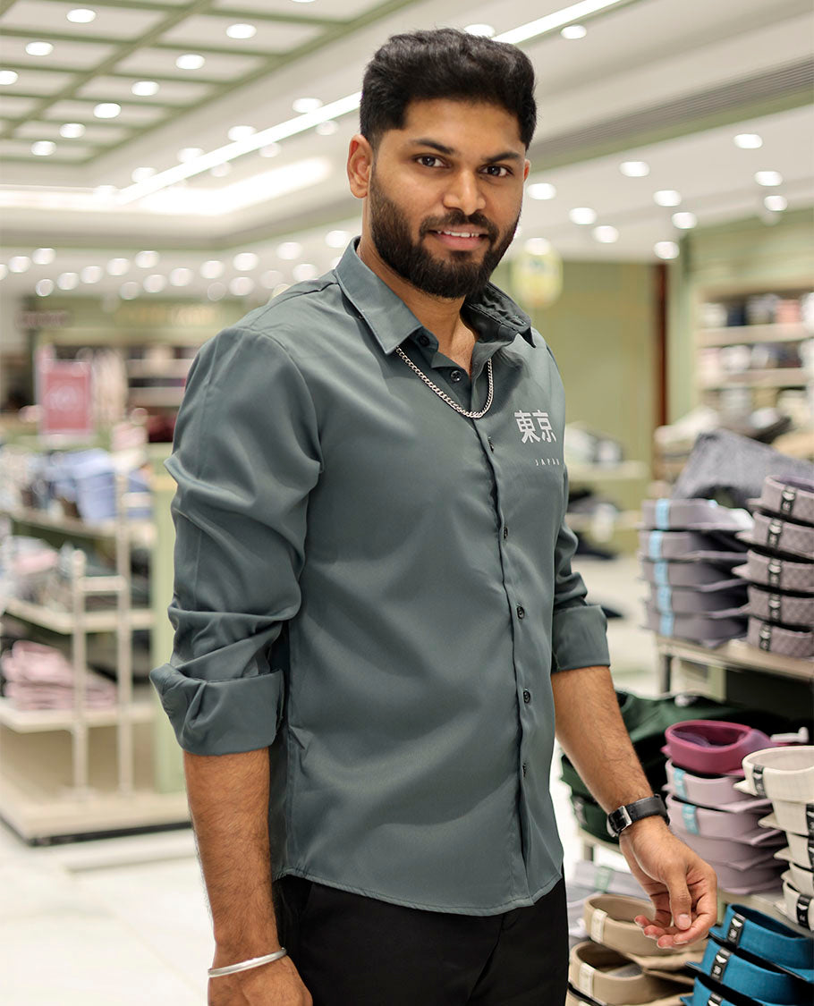 Green Cotton-Blended Casual Shirt Features Typographic Print, Full-Sleeves, a Spread Collar, a Regular Fit, and a Regular Length