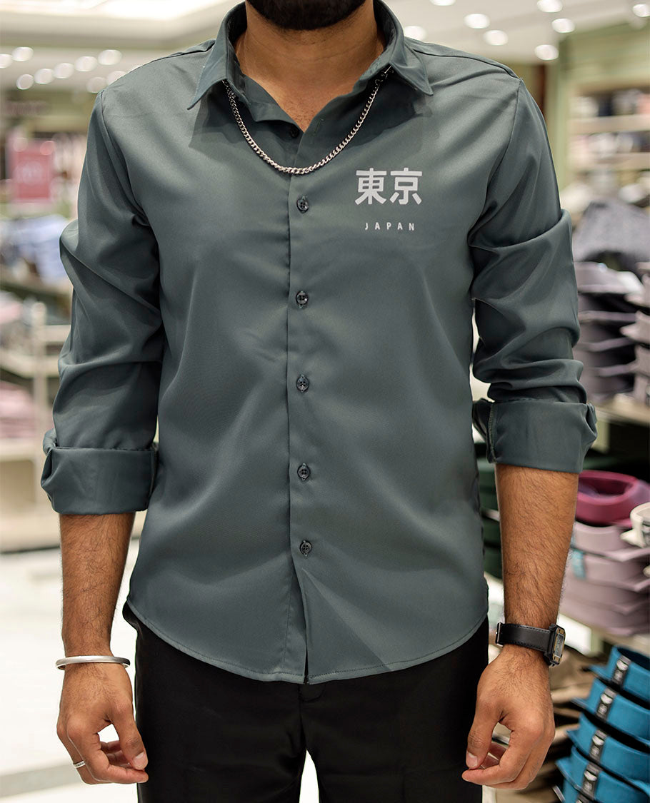 Green Cotton-Blended Casual Shirt Features Typographic Print, Full-Sleeves, a Spread Collar, a Regular Fit, and a Regular Length