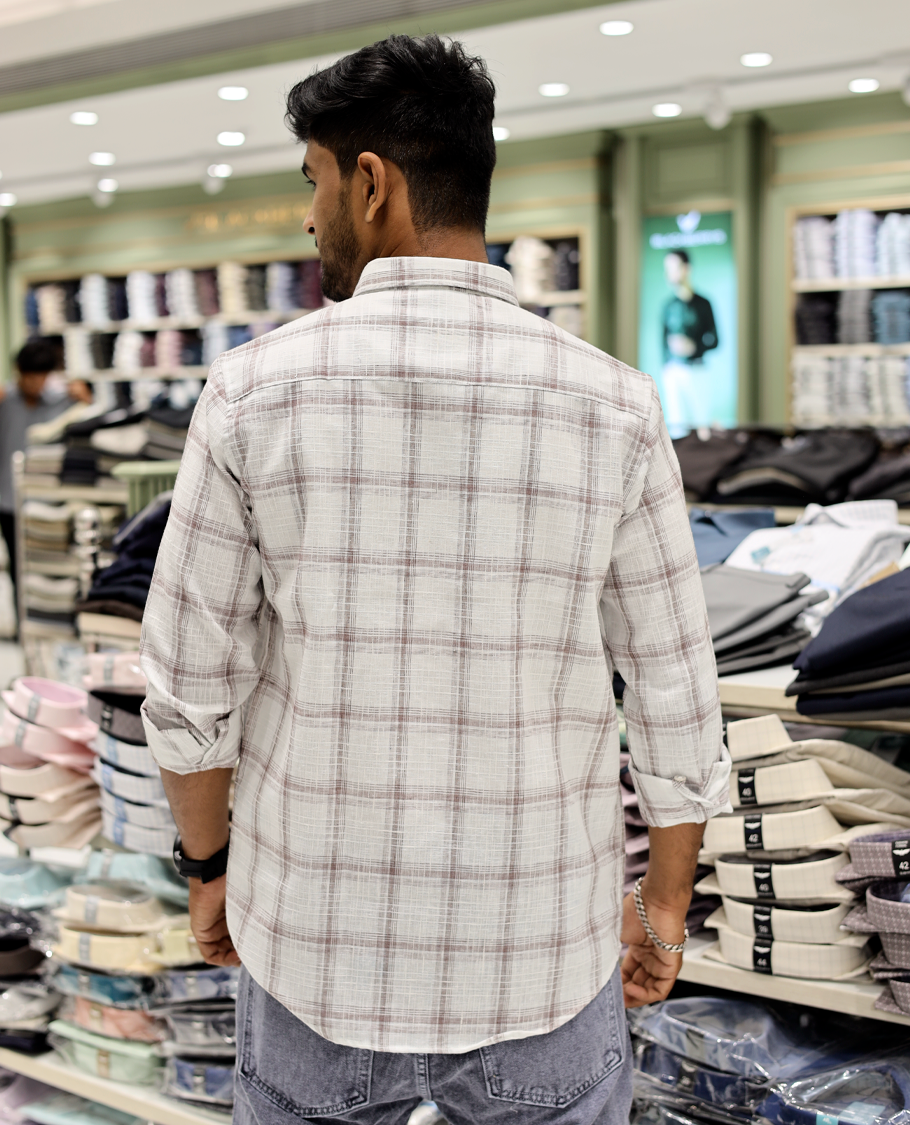 White Cotton-Linen-Blended Casual Shirt Comes with Checks, Full Sleeves, a Spread Collar, a Slim Fit, and a Regular Length