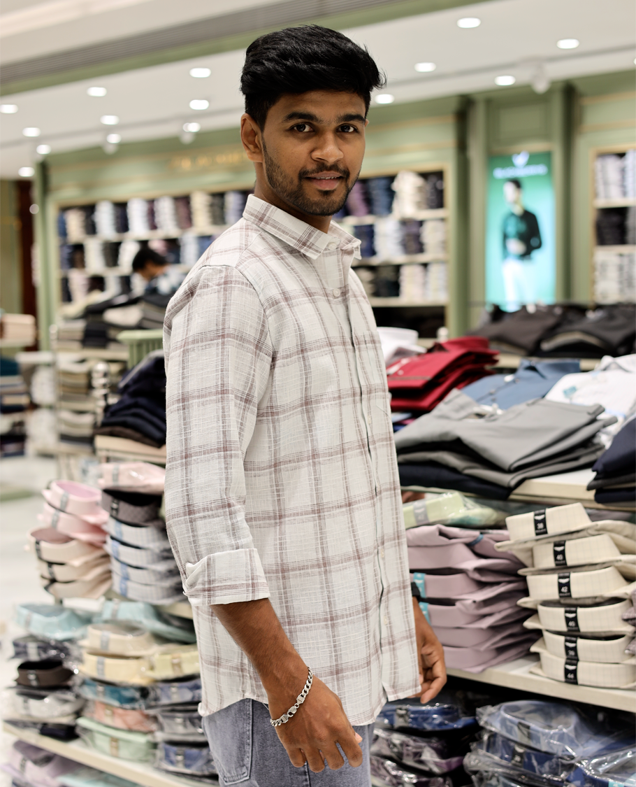 White Cotton-Linen-Blended Casual Shirt Comes with Checks, Full Sleeves, a Spread Collar, a Slim Fit, and a Regular Length