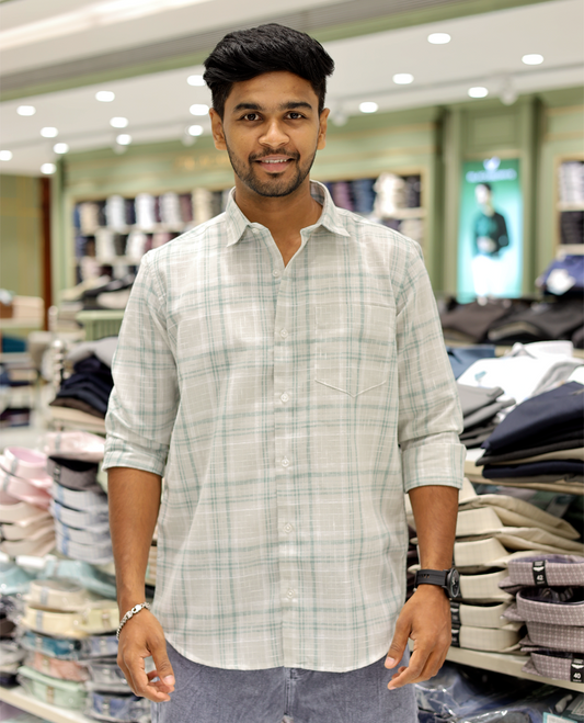 White Cotton-Linen-Blended Casual Shirt Features Checks, Full Sleeves, a Spread Collar, a Slim Fit, and a Regular Length