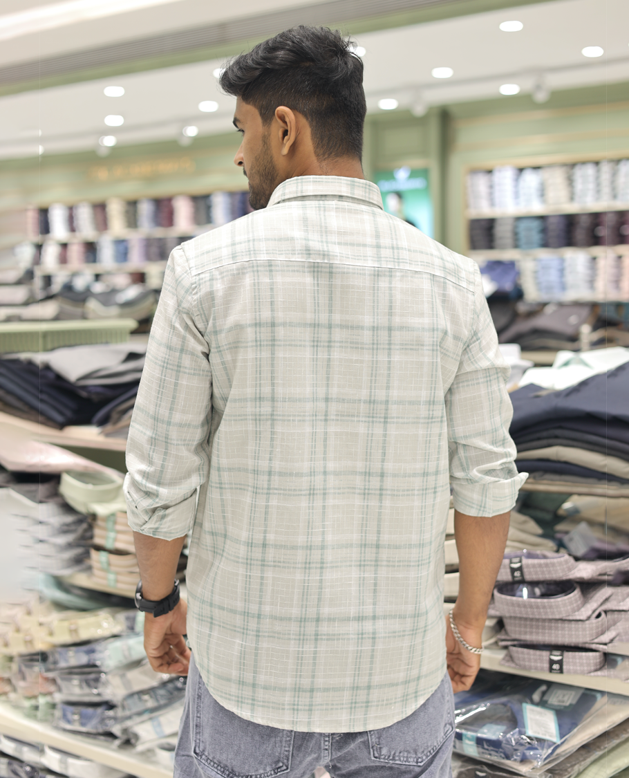 White Cotton-Linen-Blended Casual Shirt Features Checks, Full Sleeves, a Spread Collar, a Slim Fit, and a Regular Length