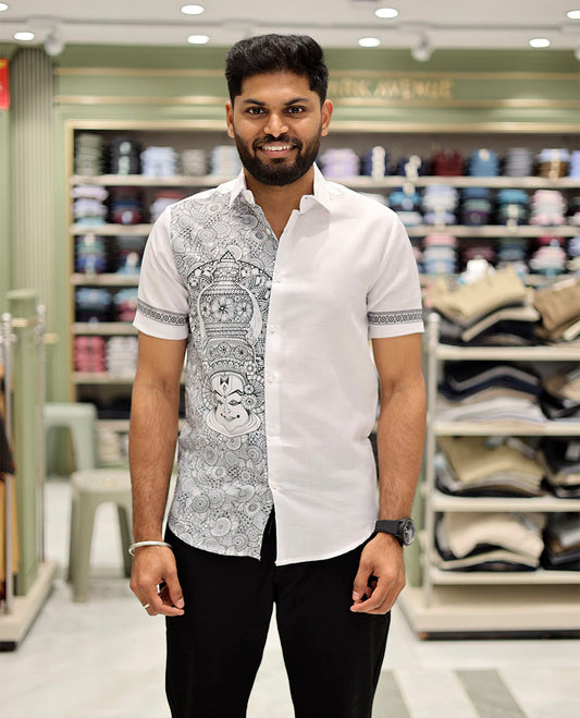 White Cotton-Blended Casual Shirt Features Onam-Themed Print, Half-Sleeves, a Spread Collar, a Regular Fit, and a Regular Length