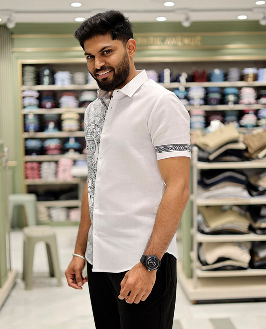 White Cotton-Blended Casual Shirt Features Onam-Themed Print, Half-Sleeves, a Spread Collar, a Regular Fit, and a Regular Length