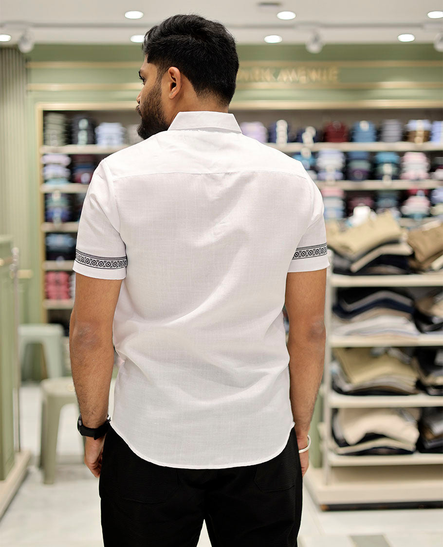 White Cotton-Blended Casual Shirt Features Onam-Themed Print, Half-Sleeves, a Spread Collar, a Regular Fit, and a Regular Length