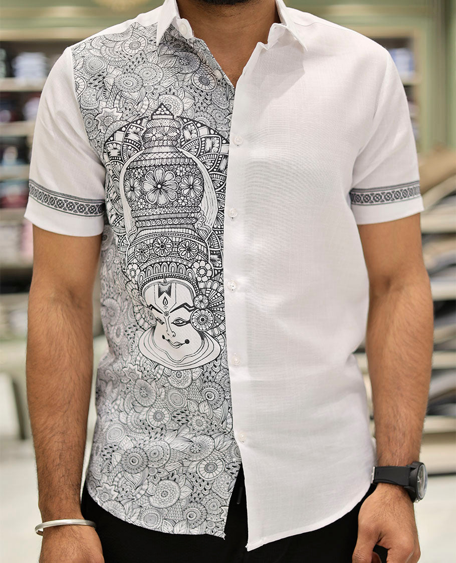 White Cotton-Blended Casual Shirt Features Onam-Themed Print, Half-Sleeves, a Spread Collar, a Regular Fit, and a Regular Length