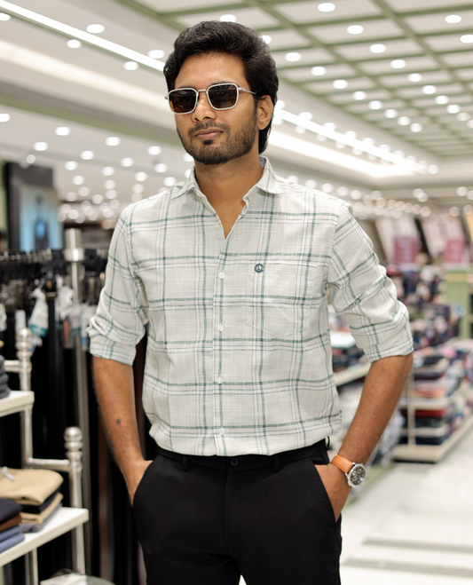 Green Cotton-Linen-Blended Casual Shirt