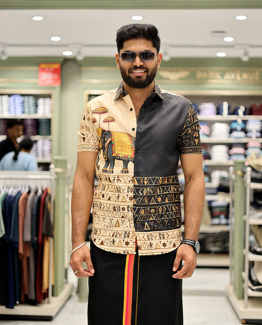 Blue Cotton-Blended Casual Shirt Features Onam-Themed Print, Half-Sleeves, a Spread Collar, a Regular Fit, and a Regular Length