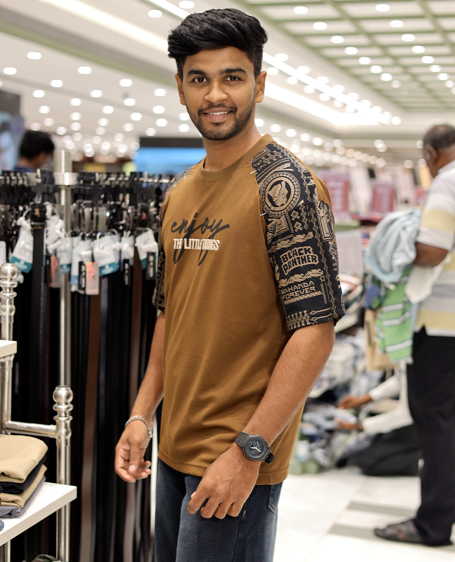 Brown Cotton-Blended Crew-Neck T-Shirt Features Typography Print, Printed Half-Sleeves, Regular Fit, and Regular Length
