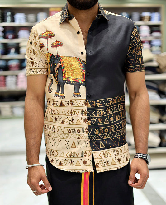 Blue Cotton-Blended Casual Shirt Features Onam-Themed Print, Half-Sleeves, a Spread Collar, a Regular Fit, and a Regular Length
