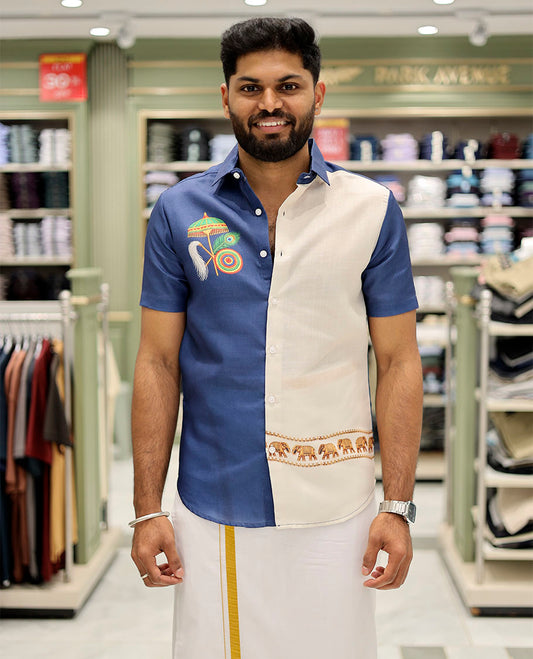 Navy Cotton-Blended Casual Shirt Features Onam-Themed Print, Half-Sleeves, a Spread Collar, a Regular Fit, and a Regular Length