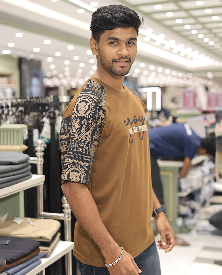 Brown Cotton-Blended Crew-Neck T-Shirt Features Typography Print, Printed Half-Sleeves, Regular Fit, and Regular Length