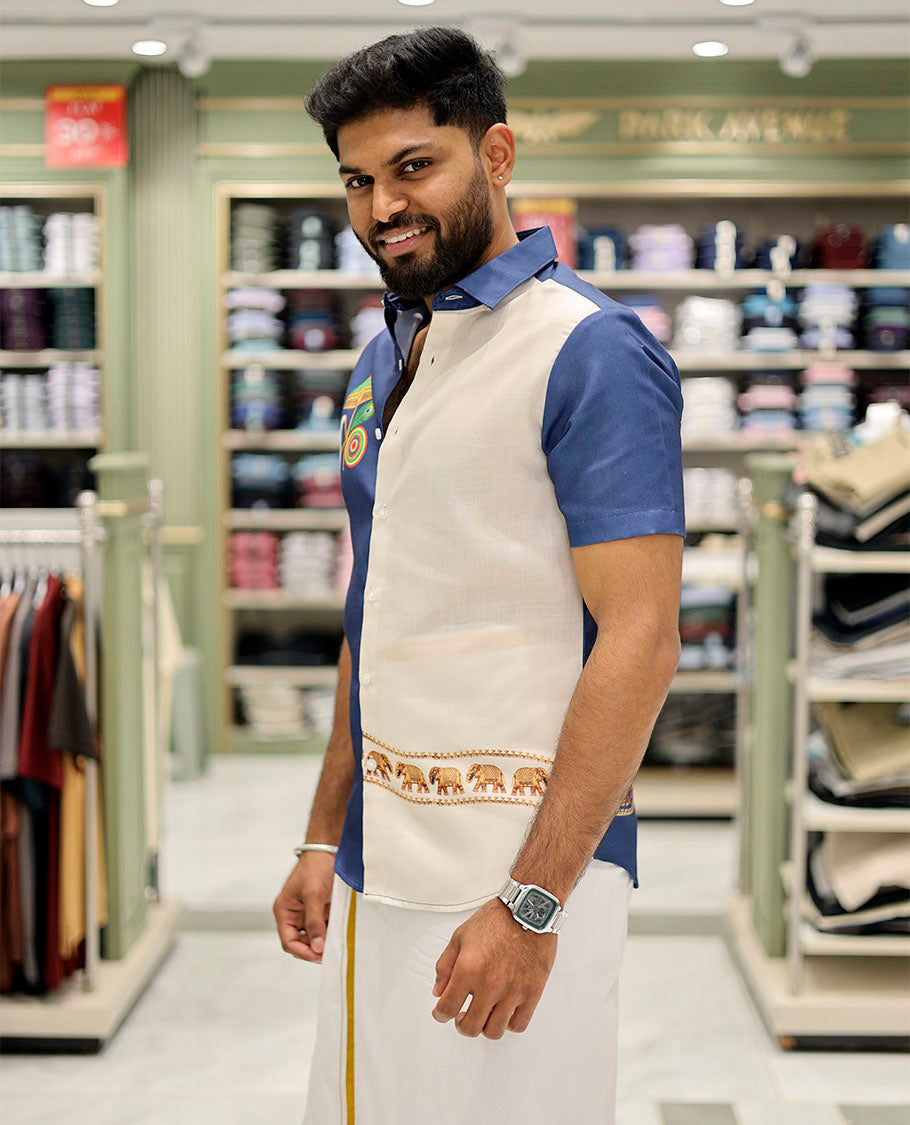 Navy Cotton-Blended Casual Shirt Features Onam-Themed Print, Half-Sleeves, a Spread Collar, a Regular Fit, and a Regular Length