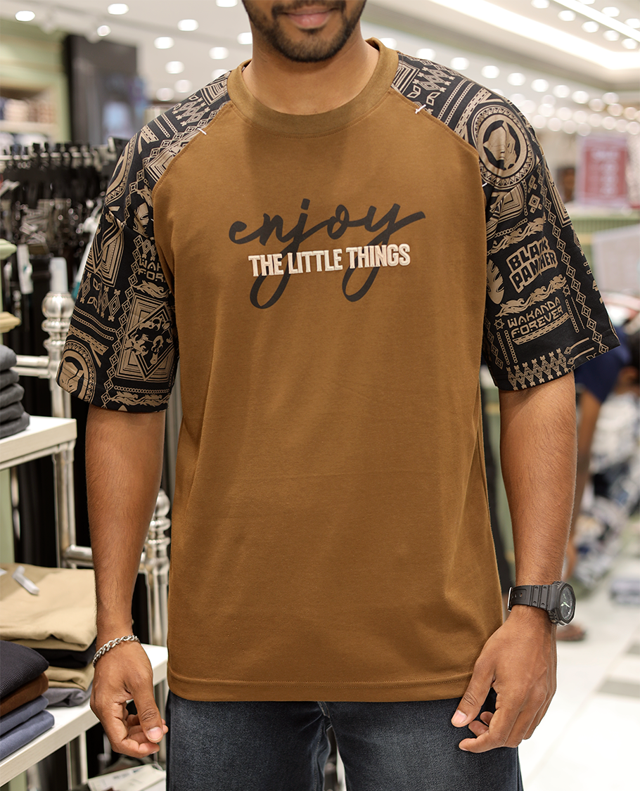 Brown Cotton-Blended Crew-Neck T-Shirt Features Typography Print, Printed Half-Sleeves, Regular Fit, and Regular Length