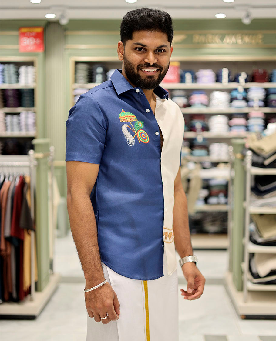 Navy Cotton-Blended Casual Shirt Features Onam-Themed Print, Half-Sleeves, a Spread Collar, a Regular Fit, and a Regular Length