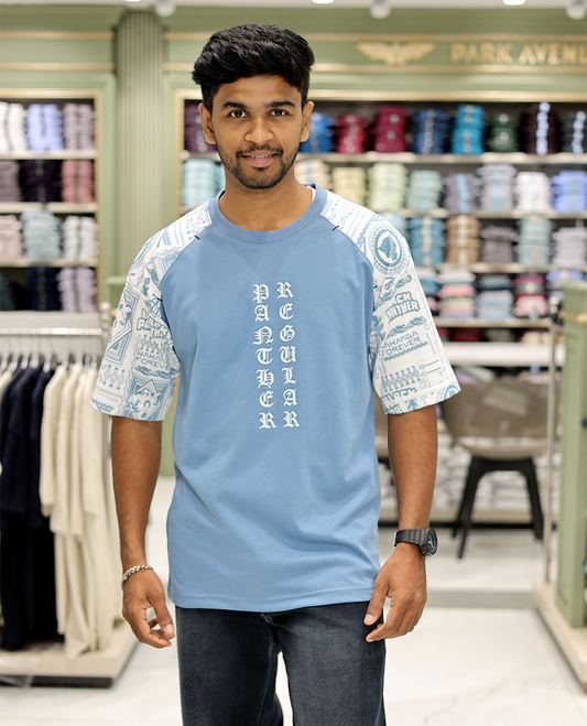 Blue Cotton-Blended Crew-Neck T-Shirt Features Typography Print, Printed Half-Sleeves, Regular Fit, and Regular Length
