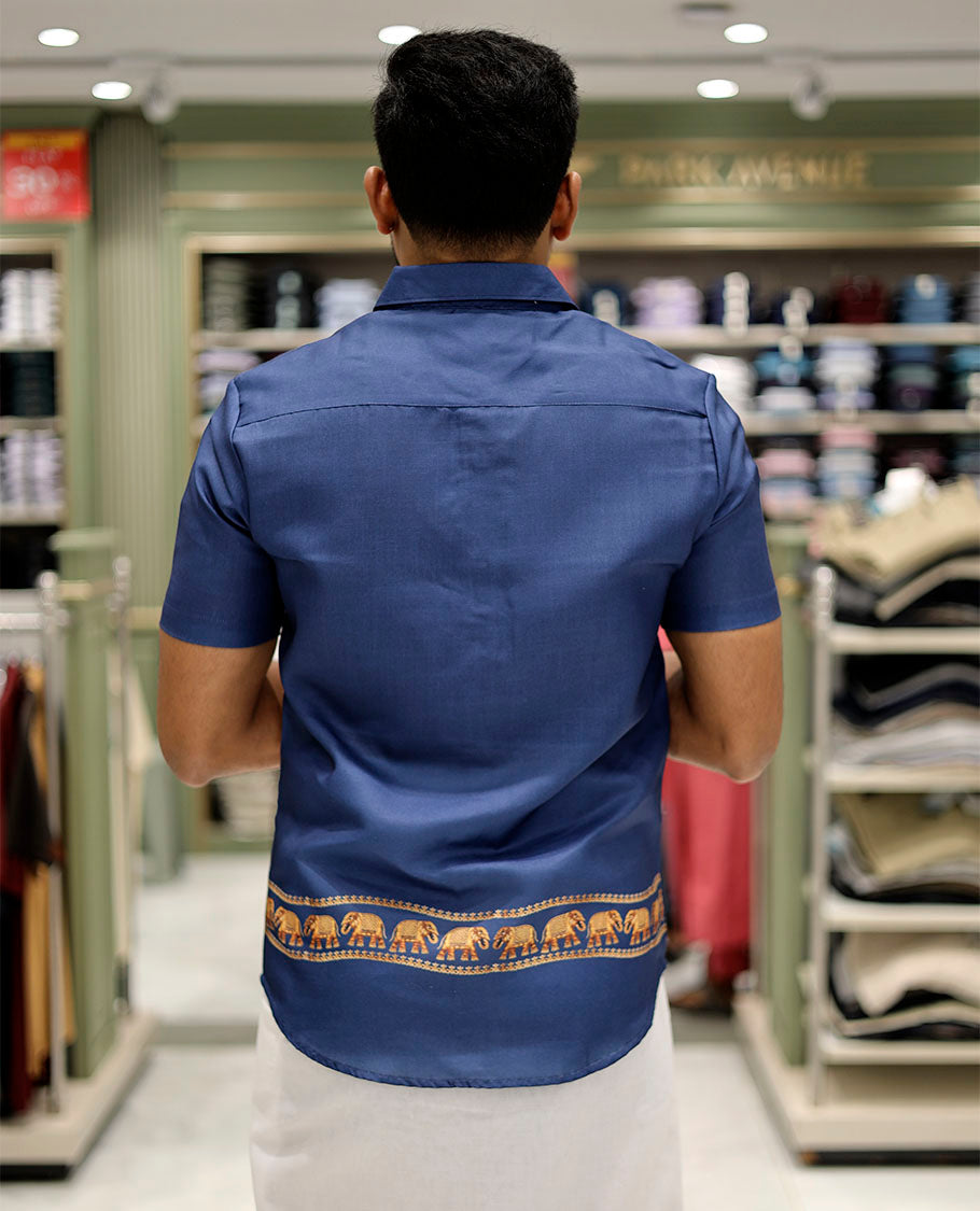 Navy Cotton-Blended Casual Shirt Features Onam-Themed Print, Half-Sleeves, a Spread Collar, a Regular Fit, and a Regular Length
