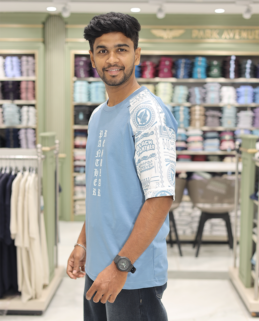 Blue Cotton-Blended Crew-Neck T-Shirt Features Typography Print, Printed Half-Sleeves, Regular Fit, and Regular Length