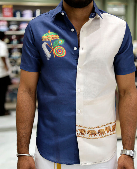 Navy Cotton-Blended Casual Shirt Features Onam-Themed Print, Half-Sleeves, a Spread Collar, a Regular Fit, and a Regular Length