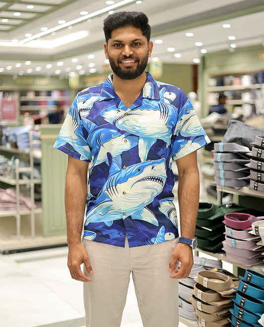 Multi-Color Poly-Blended Casual Shirt Features Pool of Sharks Print, Half Sleeves, a Poly Collar, a Regular Fit, and a Regular Length
