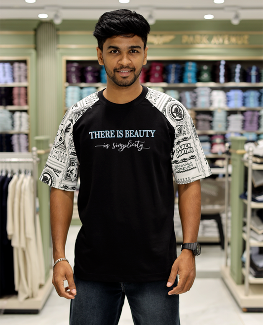 Black Cotton-Blended Crew-Neck T-Shirt Features Typography Print, Printed Half-Sleeves, Regular Fit, and Regular Length