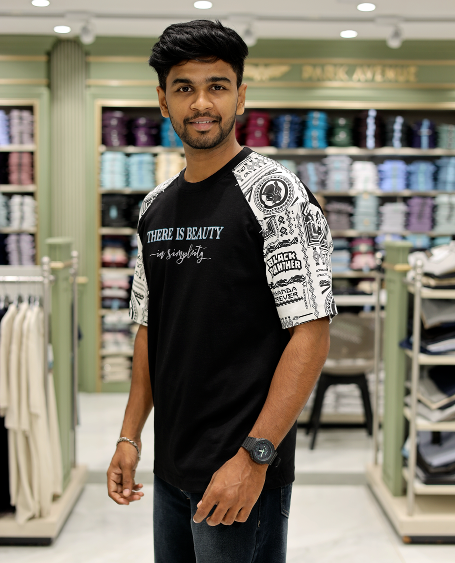 Black Cotton-Blended Crew-Neck T-Shirt Features Typography Print, Printed Half-Sleeves, Regular Fit, and Regular Length