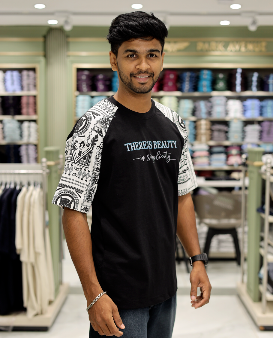 Black Cotton-Blended Crew-Neck T-Shirt Features Typography Print, Printed Half-Sleeves, Regular Fit, and Regular Length
