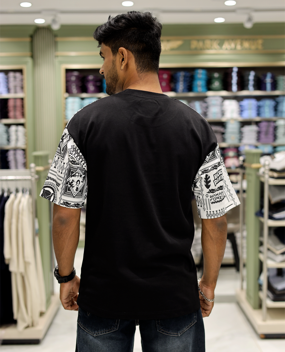 Black Cotton-Blended Crew-Neck T-Shirt Features Typography Print, Printed Half-Sleeves, Regular Fit, and Regular Length