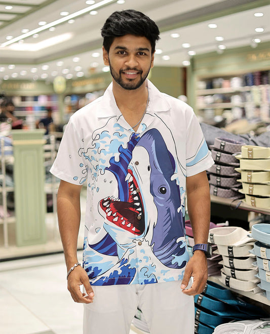 Multi-Color Poly-Blended Casual Shirt Features Shark Print, Half Sleeves, a Poly Collar, a Regular Fit, and a Regular Length