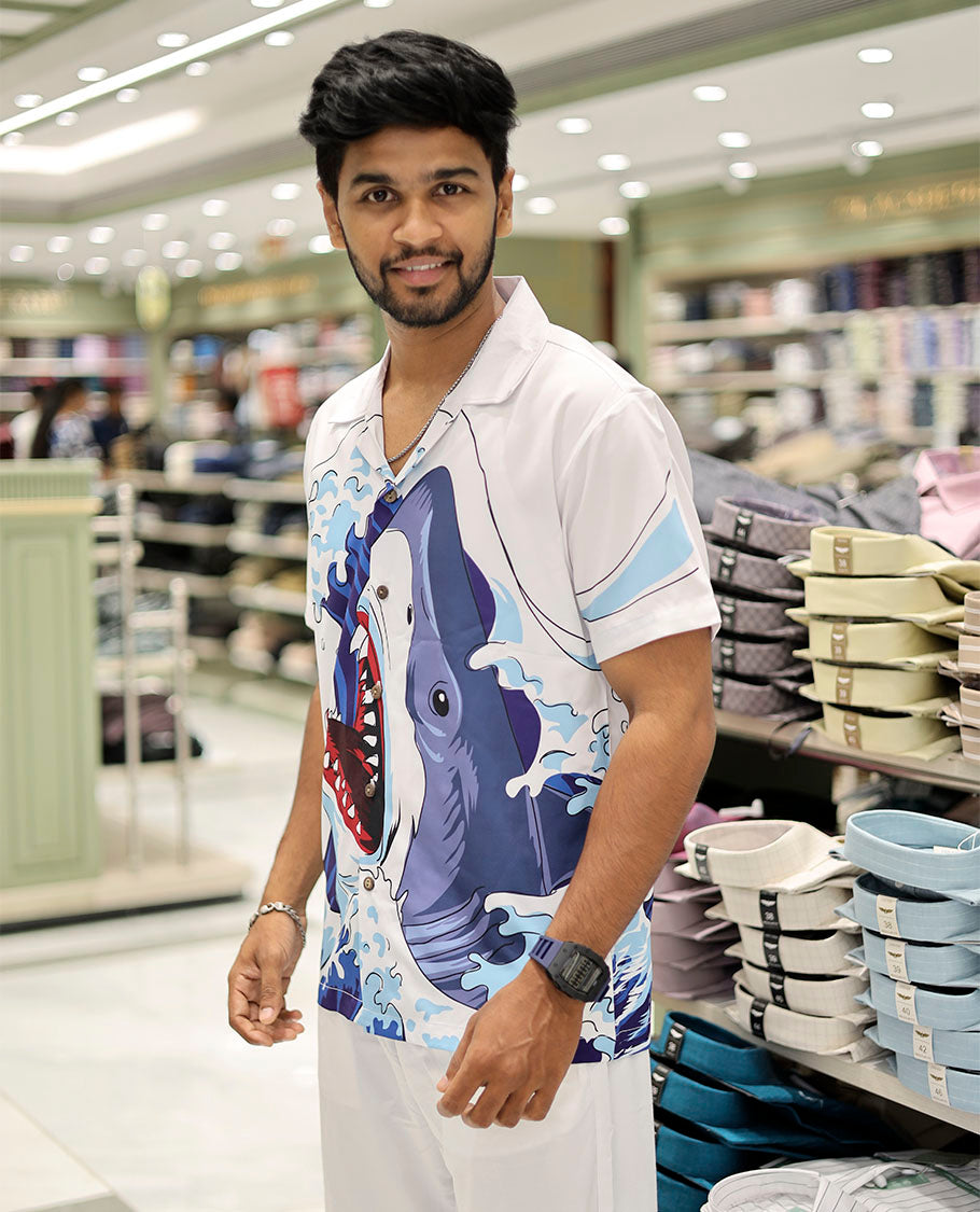 Multi-Color Poly-Blended Casual Shirt Features Shark Print, Half Sleeves, a Poly Collar, a Regular Fit, and a Regular Length