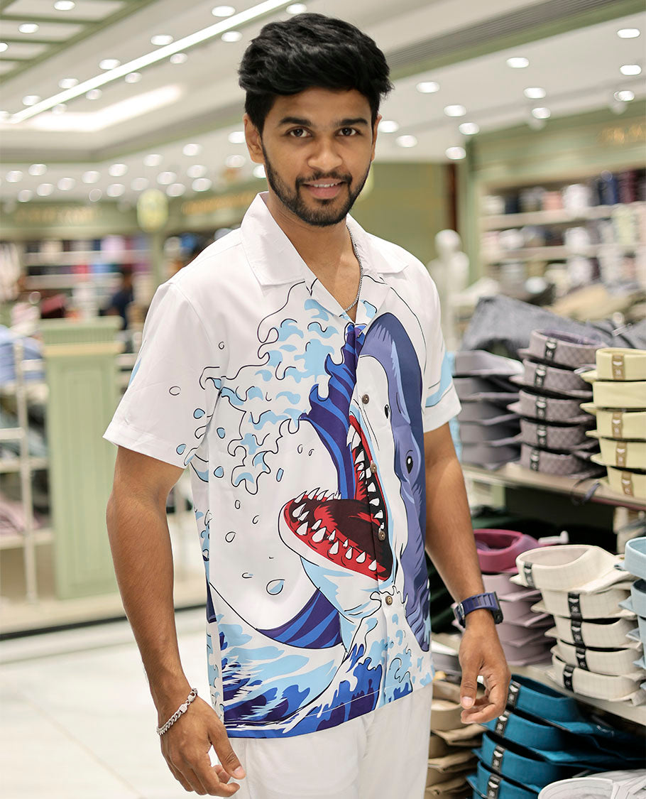 Multi-Color Poly-Blended Casual Shirt Features Shark Print, Half Sleeves, a Poly Collar, a Regular Fit, and a Regular Length