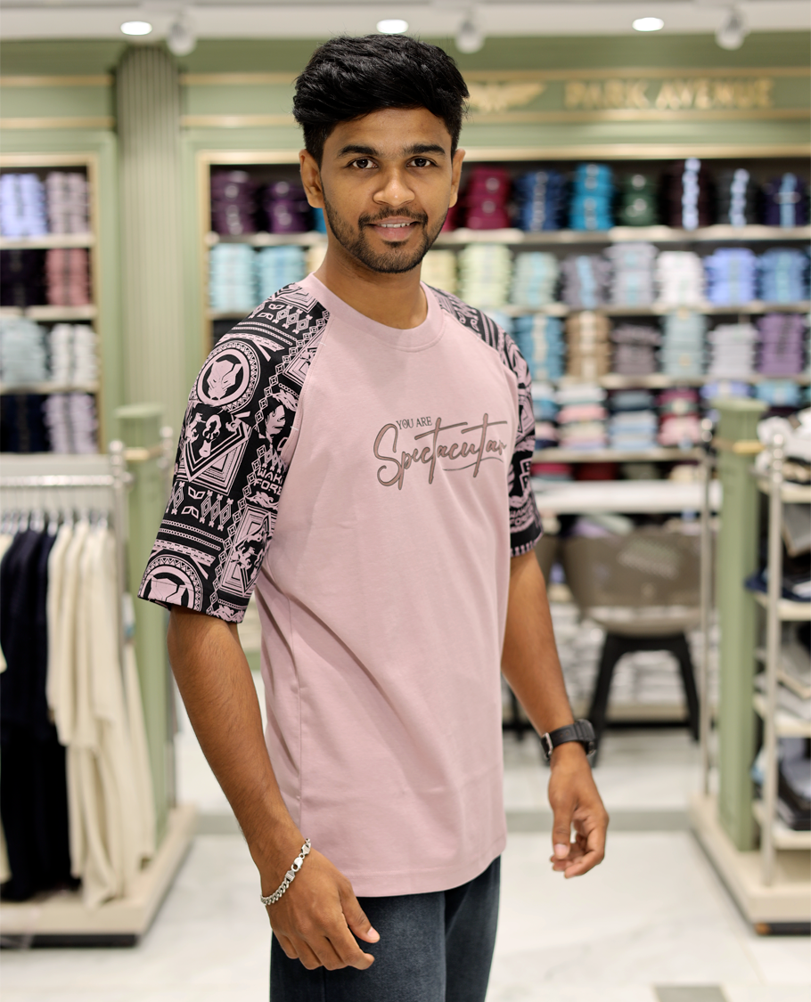 Mauve Cotton-Blended Crew-Neck T-Shirt Features Typography Print, Printed Half-Sleeves, Regular Fit, and Regular Length