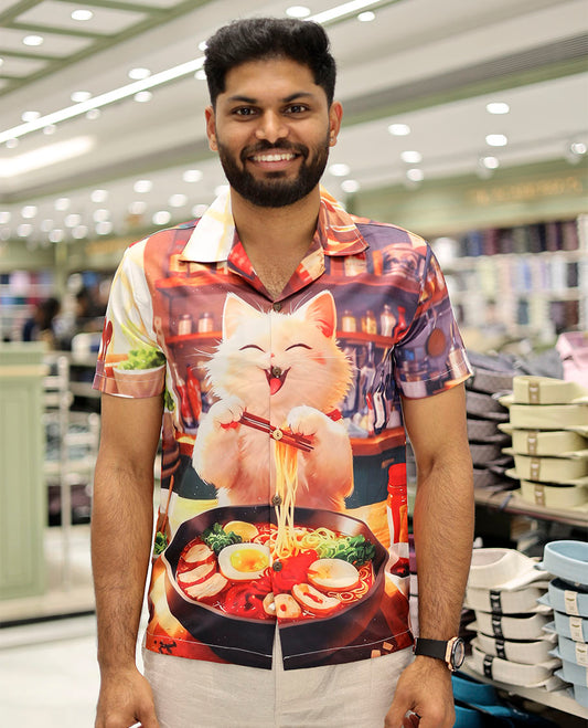 Multi-Color Poly-Blended Casual Shirt Features Funky Cartoon Print, Half Sleeves, a Poly Collar, a Regular Fit, and a Regular Length