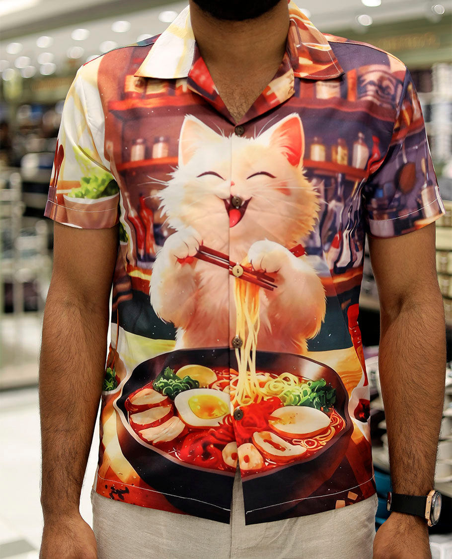 Multi-Color Poly-Blended Casual Shirt Features Funky Cartoon Print, Half Sleeves, a Poly Collar, a Regular Fit, and a Regular Length